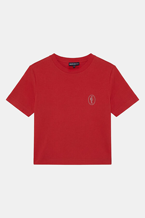 Kırmızı Bisiklet Yaka Baskılı Kadın T-Shirt