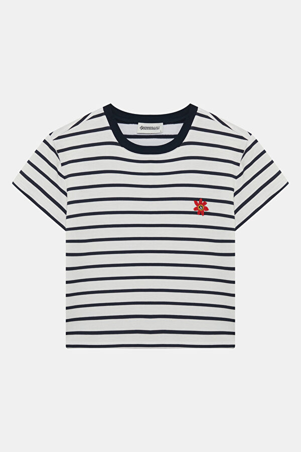 Navy Blue Crew Neck Striped Women's T-Shirt