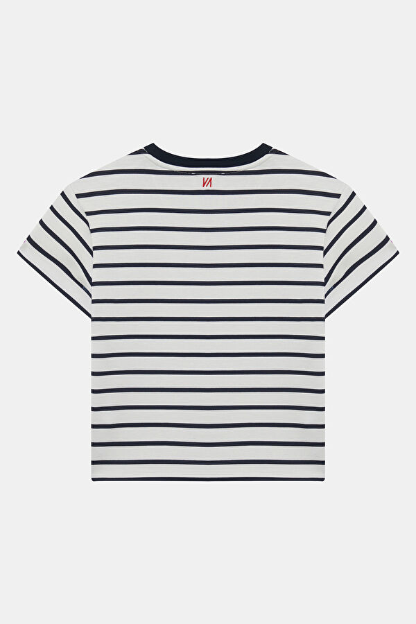Navy Blue Crew Neck Striped Women's T-Shirt 2