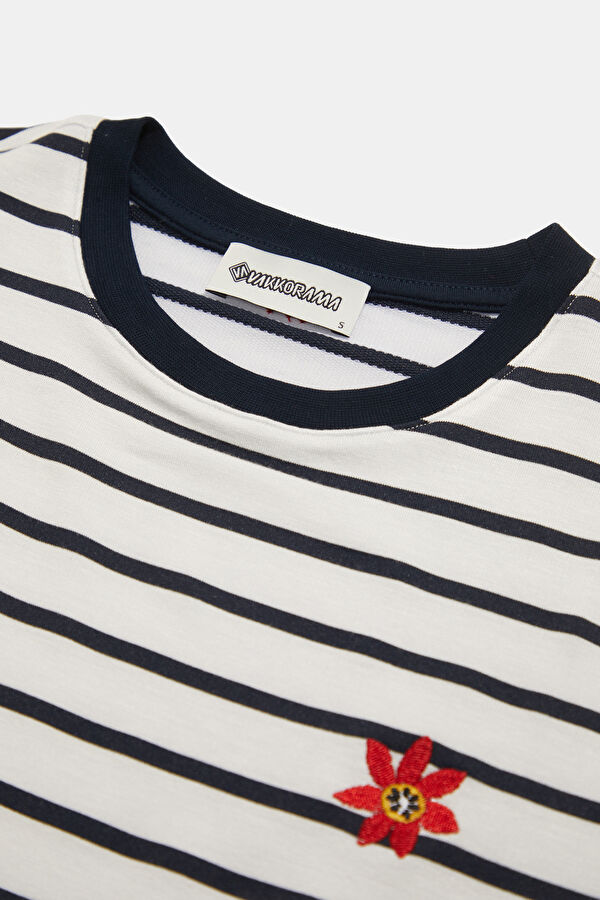 Navy Blue Crew Neck Striped Women's T-Shirt 3