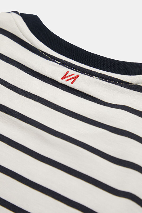 Navy Blue Crew Neck Striped Women's T-Shirt 5