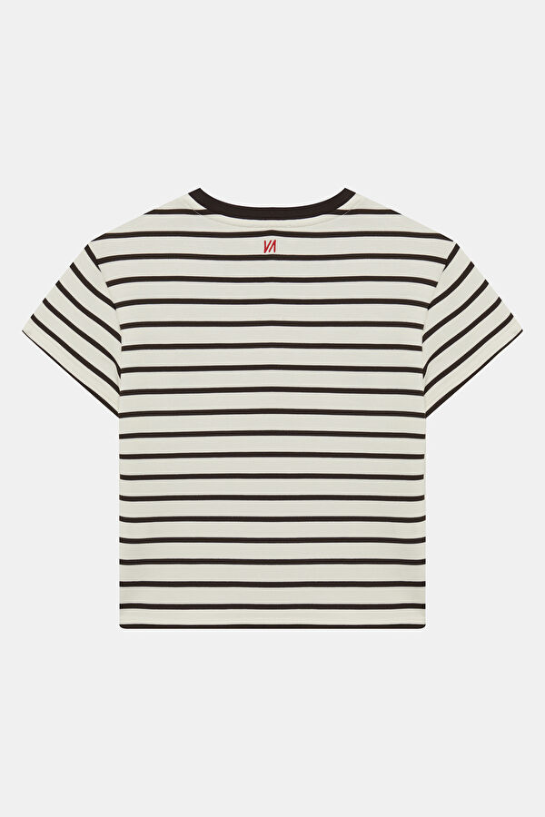 Kahve Bisiklet Yaka Çizgili Kadın T-Shirt 2