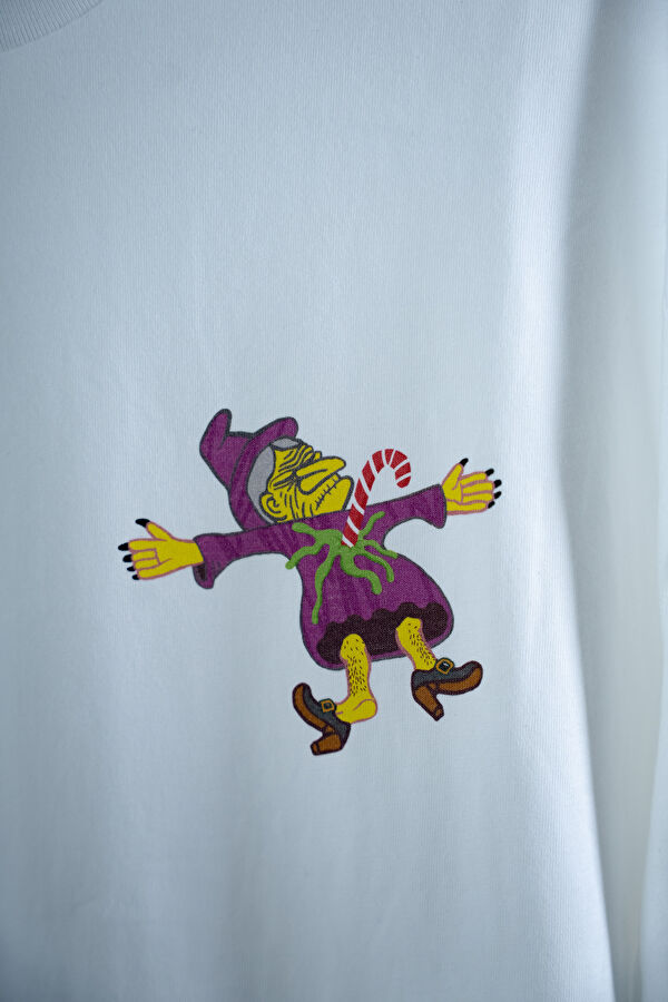 Relax Kalıp Beyaz Bisiklet Yaka Baskılı Erkek T-Shirt 4