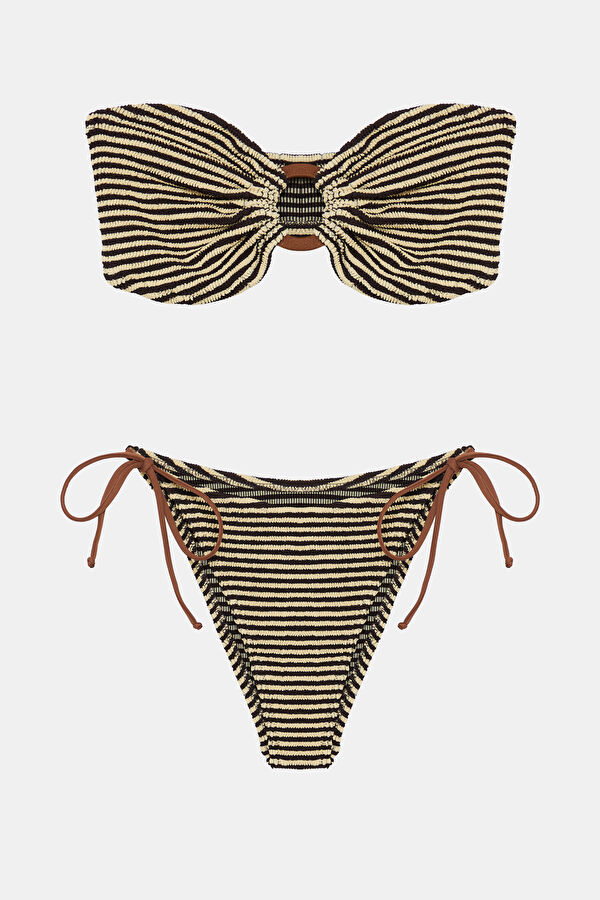 Vizon Çizgili Desenli Bağlamalı Kadın Bikini