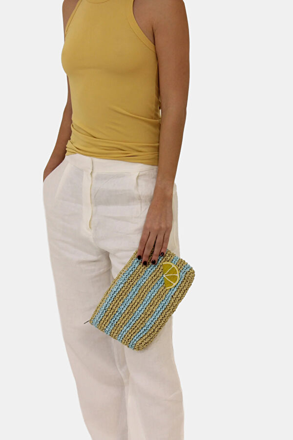 Straw Lemon Striped Natürel Rafya Çanta 2