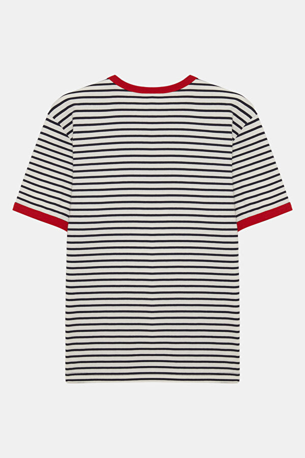 Relax Kalıp Kırmızı Bisiklet Yaka Çizgili Erkek T-Shirt 2