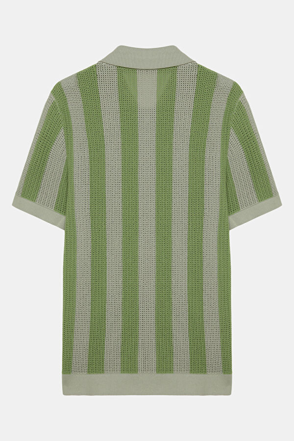 Açık Yeşil Polo Yaka Çizgili Erkek T-Shirt 2