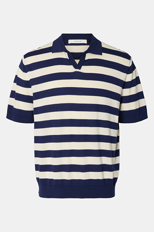 Relax Kalıp Lacivert Polo Yaka Çizgili Erkek T-Shirt