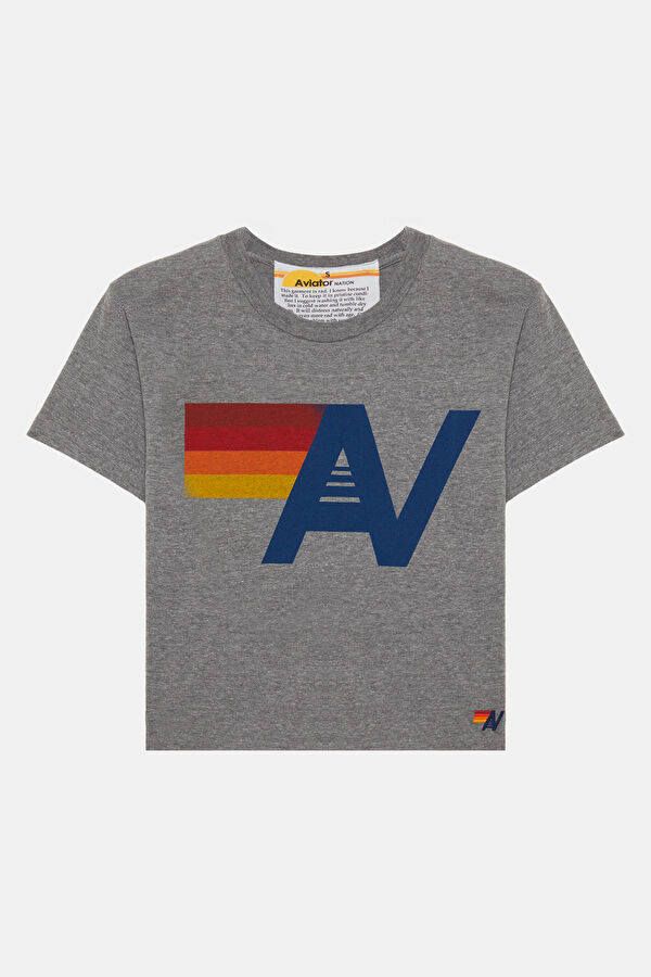 Gri Melanj Bisiklet Yaka Baskılı Kadın T-Shirt