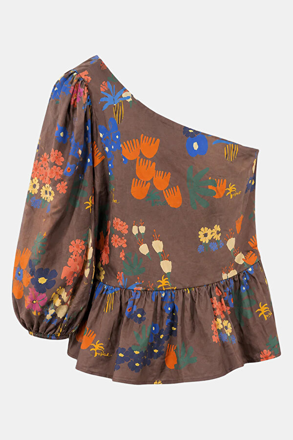 Brown Floral Pattern One Shoulder Women's Blouse