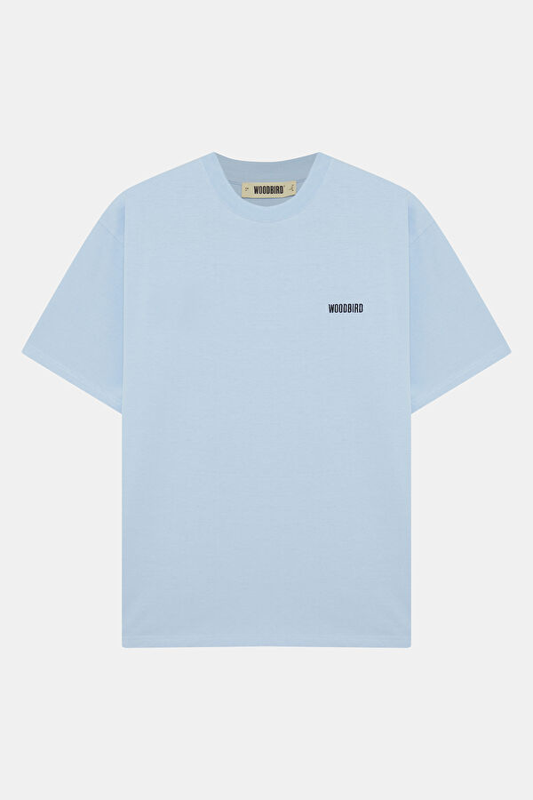 Relax Kalıp Açık Mavi Bisiklet Yaka Baskılı Erkek T-Shirt