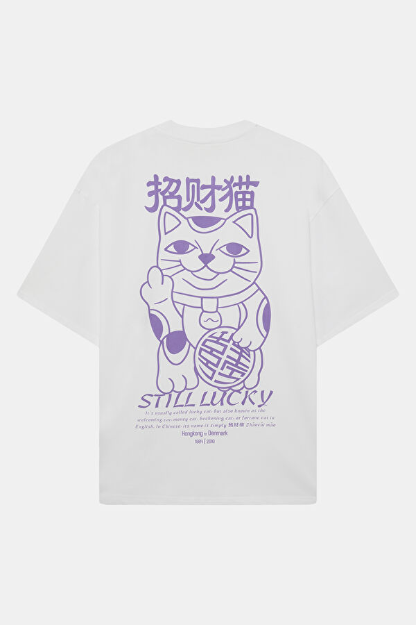 Relax Kalıp Beyaz Bisiklet Yaka Baskılı Erkek T-Shirt 2