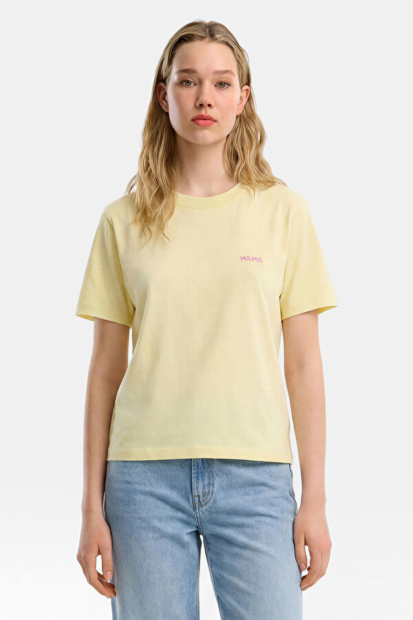 Sarı Bisiklet Yaka Baskılı Kadın T-Shirt 3