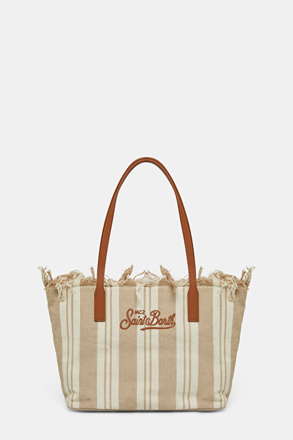 City Bag Mid Fringe Bej Çizgili Çanta