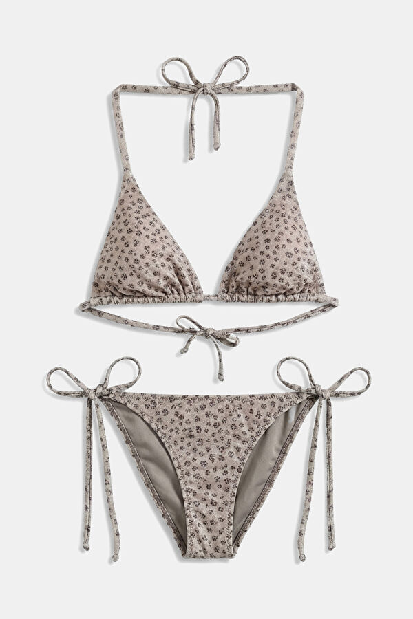 Beige Floral Patterned Lace-Up Women's Bikini