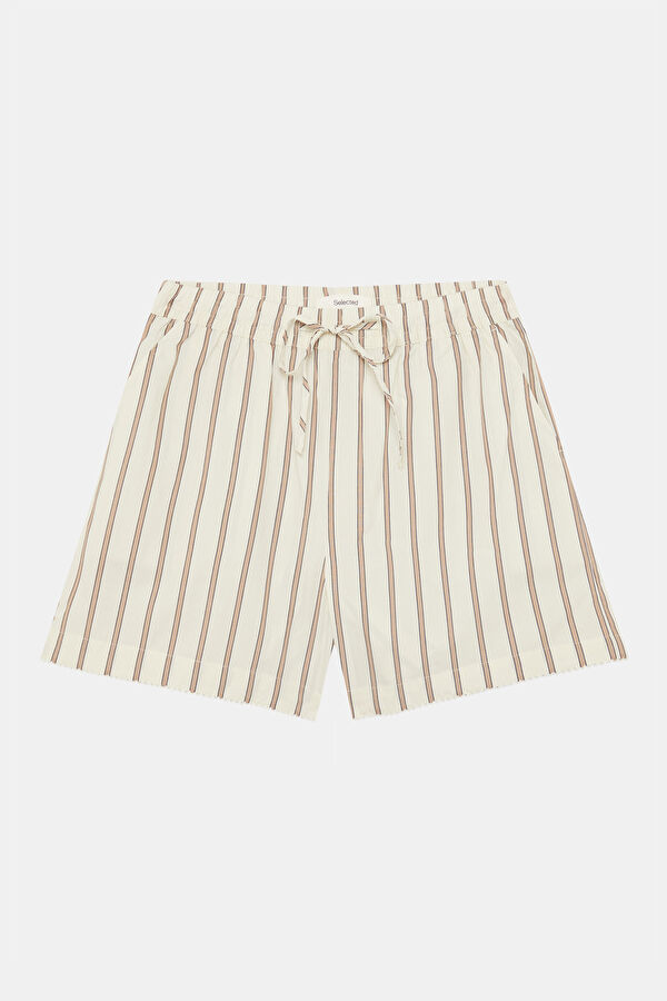 Cream Striped Patterned Women's Shorts