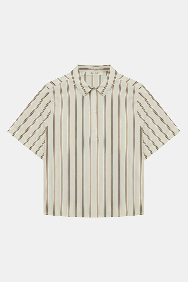 Cream Striped Polo Shirt for Women