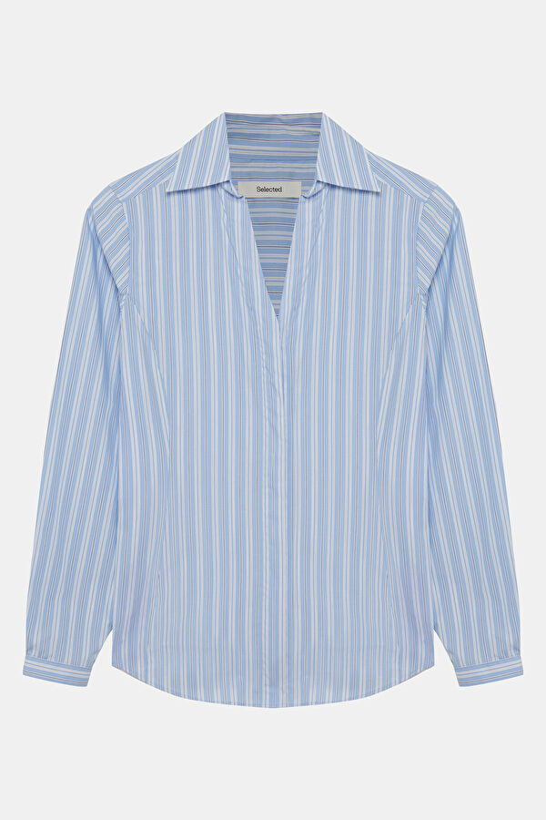 Blue Striped Patterned Polo Shirt Women's Shirt