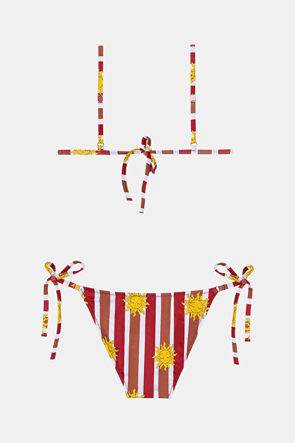 Bordo Çizgili Desenli Bağcıklı Kadın Bikini 2