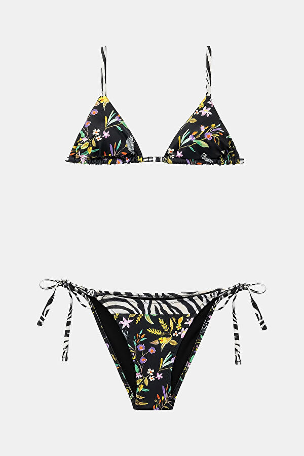 Siyah Çiçek Desenlı Bağcıklı Kadın Bikini