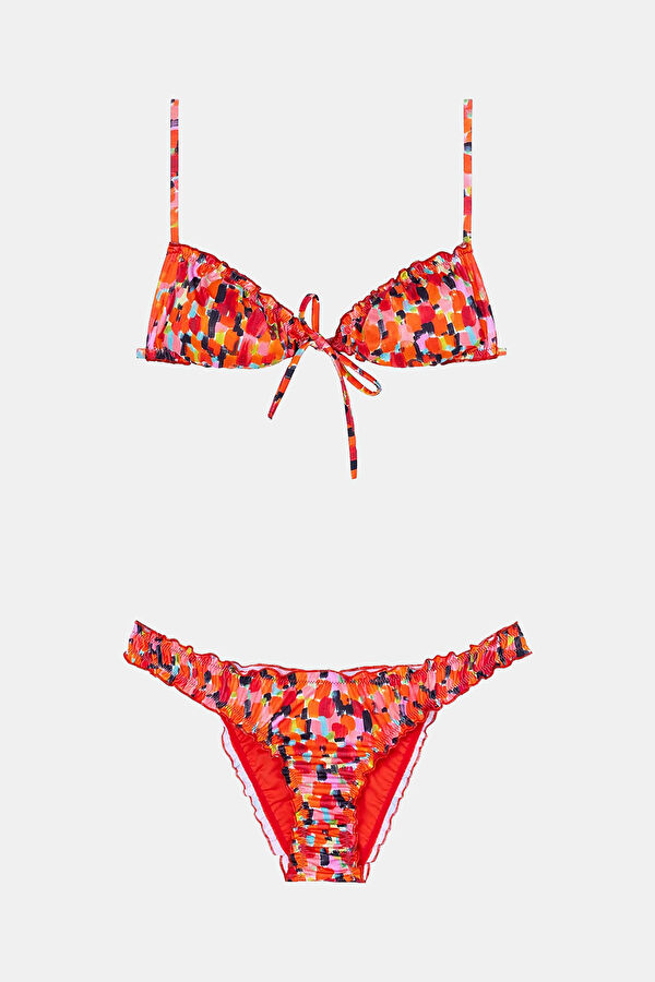 Kırmızı Desenli Bağcıklı Kadın Bikini