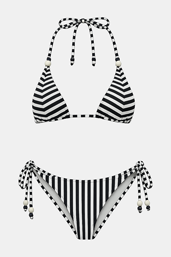 Black Striped Patterned Lace-Up Women's Bikini