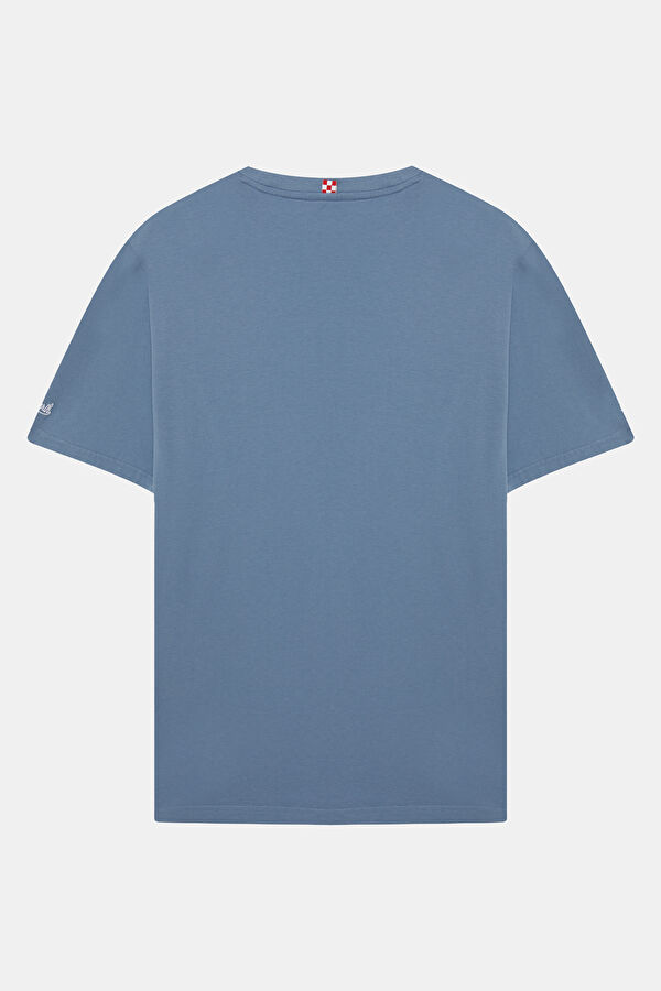 Relax Kalıp Mavi Bisiklet Yaka Baskılı Erkek T-Shirt 2
