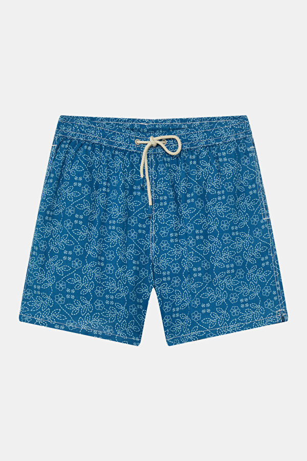 Navy Patterned Elastic-Waist Men's Swim Shorts