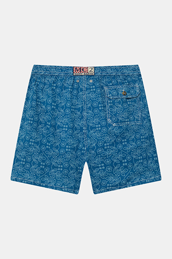 Navy Patterned Elastic-Waist Men's Swim Shorts 2