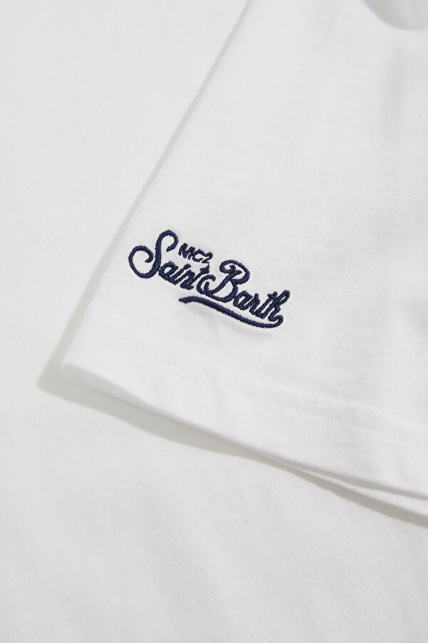 Relax Kalıp Beyaz Bisiklet Yaka Baskılı Erkek T-Shirt 5