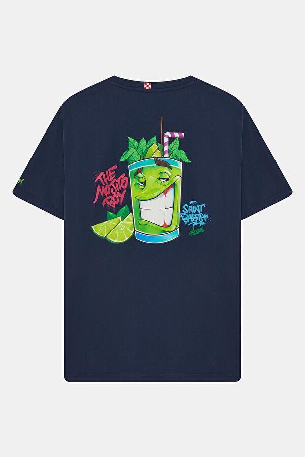 Portland Relax Kalıp Lacivert Bisiklet Yaka Baskılı Erkek T-Shirt 2