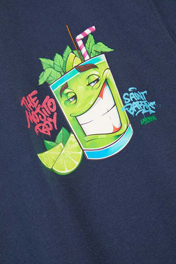 Portland Relax Kalıp Lacivert Bisiklet Yaka Baskılı Erkek T-Shirt 4