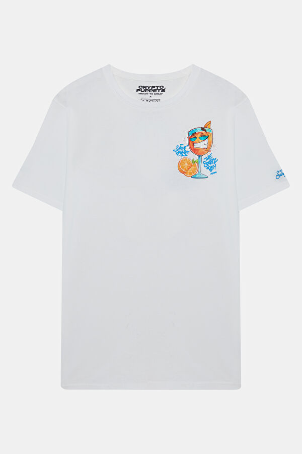 Relax Kalıp Beyaz Bisiklet Yaka Baskılı Erkek T-Shirt