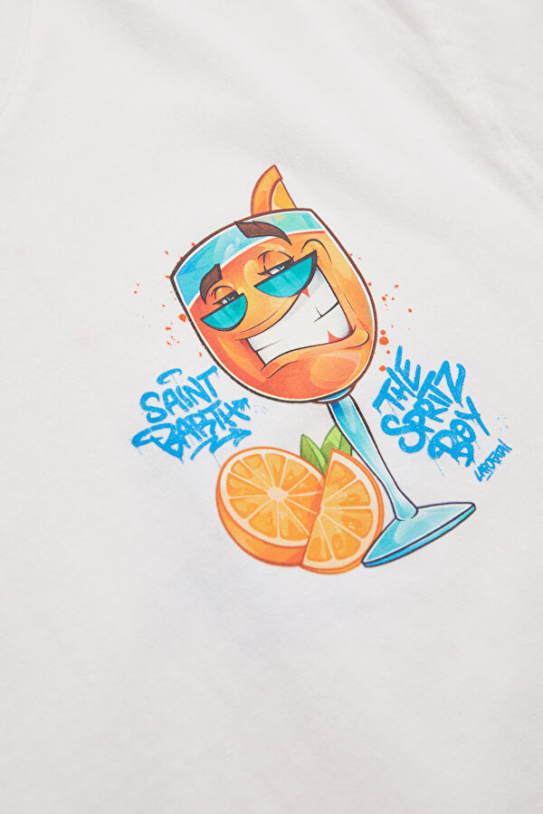 Relax Kalıp Beyaz Bisiklet Yaka Baskılı Erkek T-Shirt 4